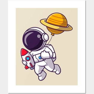 Cute Astronaut Holding Rocket With Planet Balloon Cartoon Posters and Art